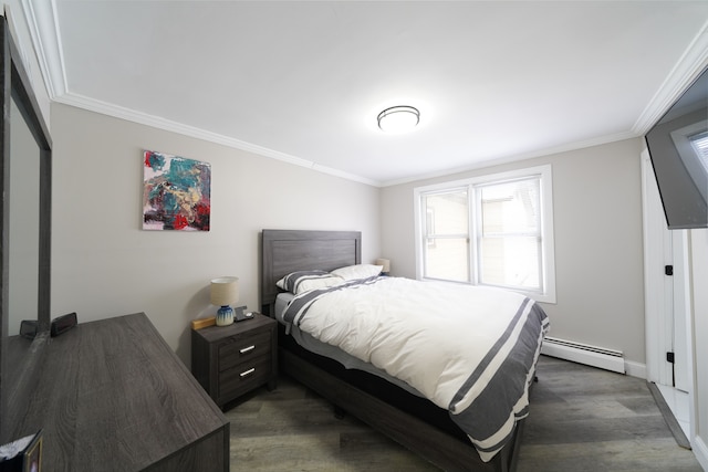 bedroom with baseboard heating, ornamental molding, and dark wood-type flooring