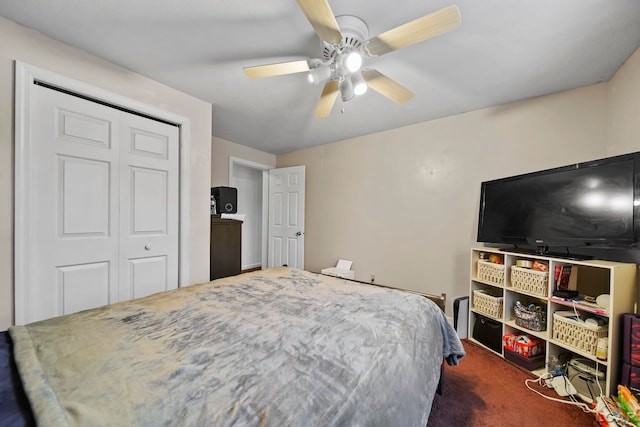 bedroom featuring carpet flooring, a closet, and ceiling fan