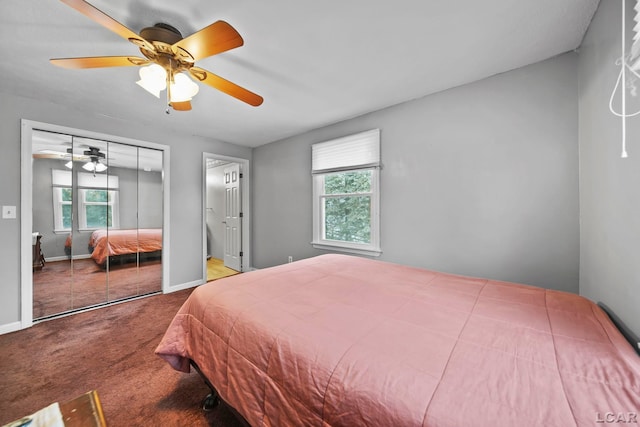 bedroom featuring carpet floors, a closet, and ceiling fan