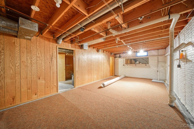 basement with carpet flooring and wooden walls