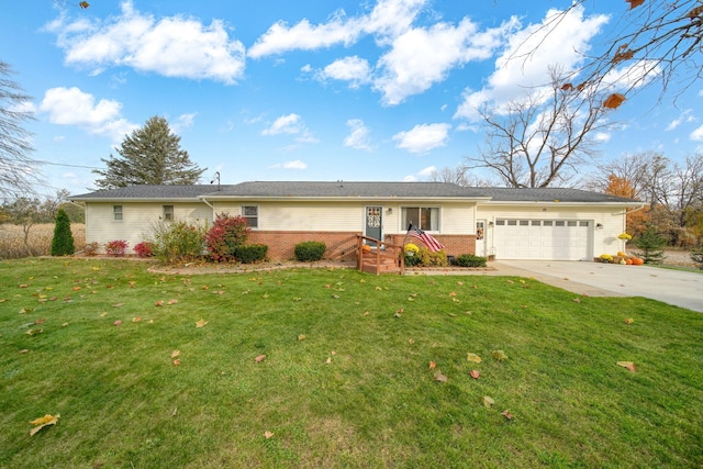 single story home with a garage and a front yard