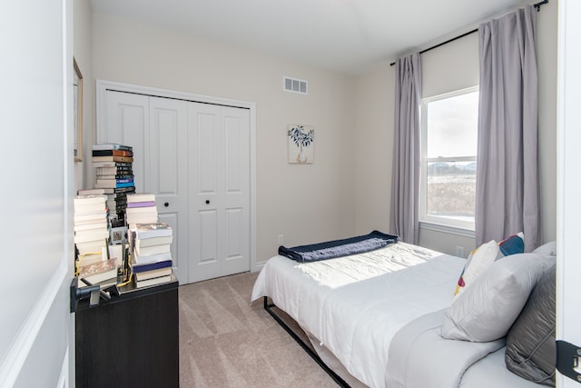 carpeted bedroom with a closet and multiple windows