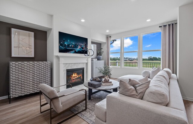 living room with hardwood / wood-style floors and a high end fireplace