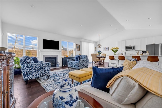 living room with plenty of natural light, lofted ceiling, and dark hardwood / wood-style floors