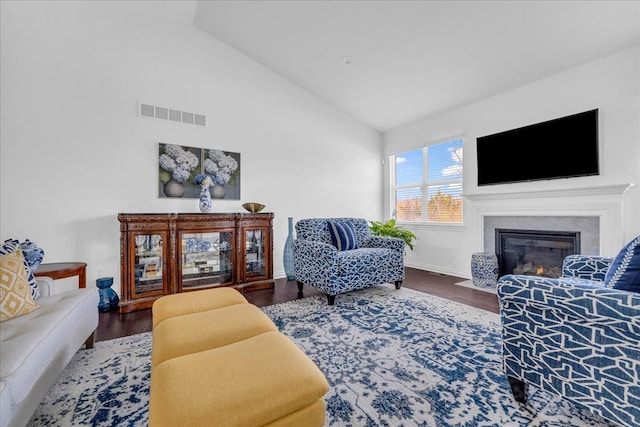 living room featuring lofted ceiling and wood-type flooring