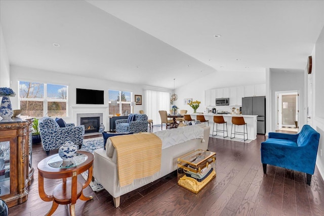 living room with dark hardwood / wood-style flooring and vaulted ceiling