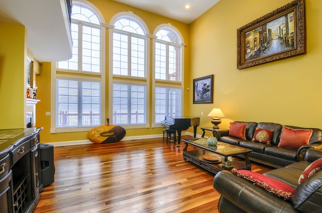 living room with a healthy amount of sunlight, a high ceiling, and hardwood / wood-style flooring