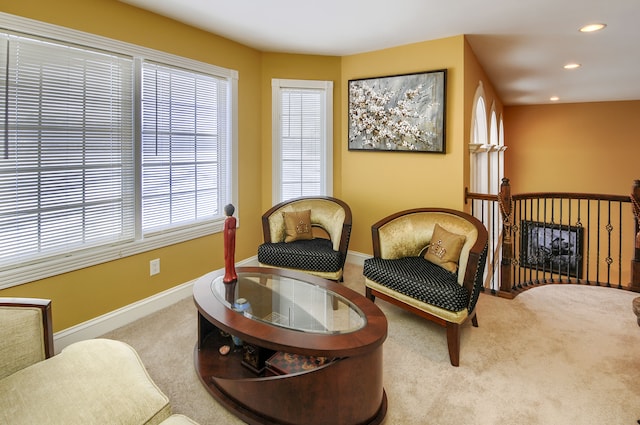 living area featuring light colored carpet