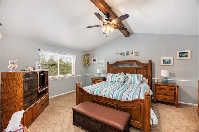 bedroom featuring ceiling fan, light carpet, and vaulted ceiling with beams