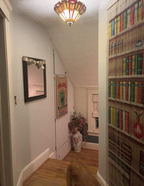 hallway featuring a textured ceiling, lofted ceiling, and wood-type flooring