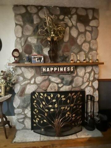 room details with a stone fireplace and wood-type flooring