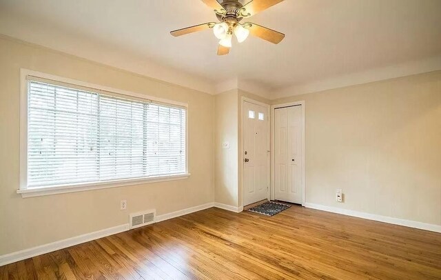 foyer with ceiling fan, light hardwood / wood-style flooring, and a wealth of natural light