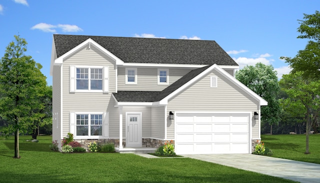 view of front of home featuring a front yard and a garage