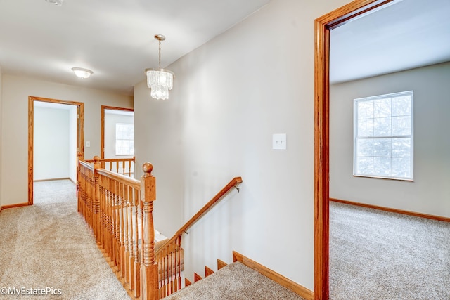 stairway with a healthy amount of sunlight, a notable chandelier, and carpet flooring