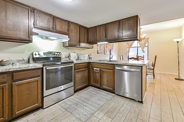 kitchen with kitchen peninsula, appliances with stainless steel finishes, light hardwood / wood-style floors, and sink