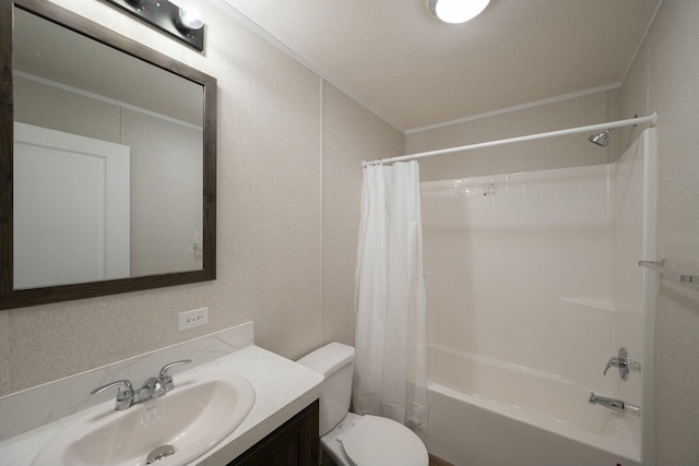 full bathroom featuring shower / bathtub combination with curtain, toilet, vanity, ornamental molding, and a textured ceiling