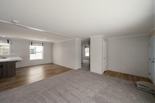 unfurnished living room featuring sink, carpet flooring, and ornamental molding