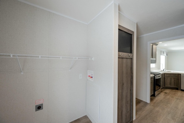 laundry area featuring sink, washer hookup, hookup for an electric dryer, ornamental molding, and light hardwood / wood-style floors