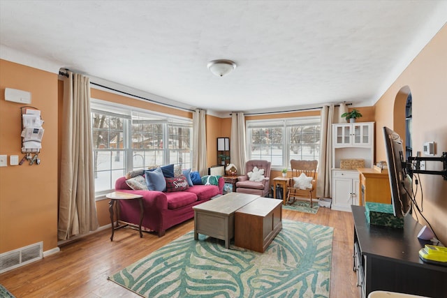 living room with light hardwood / wood-style flooring