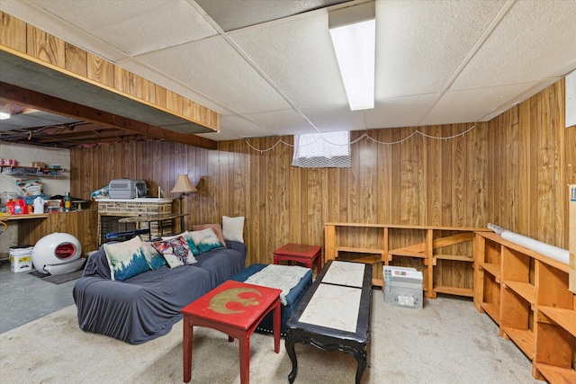 interior space with wooden walls and carpet flooring