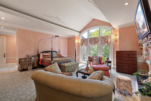 carpeted bedroom featuring vaulted ceiling and crown molding