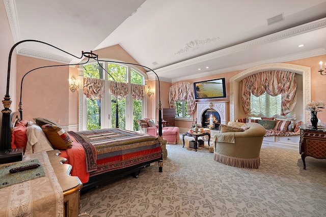 bedroom featuring vaulted ceiling, ornamental molding, carpet floors, and a notable chandelier