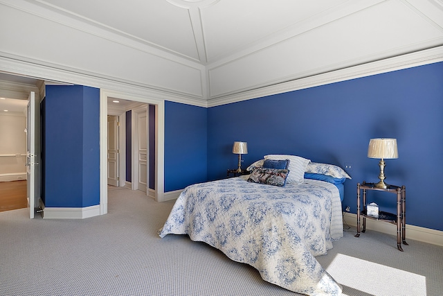 bedroom with carpet floors, ceiling fan, ornamental molding, and a baseboard radiator