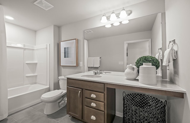 full bathroom with toilet, shower / bathing tub combination, tile patterned flooring, and vanity