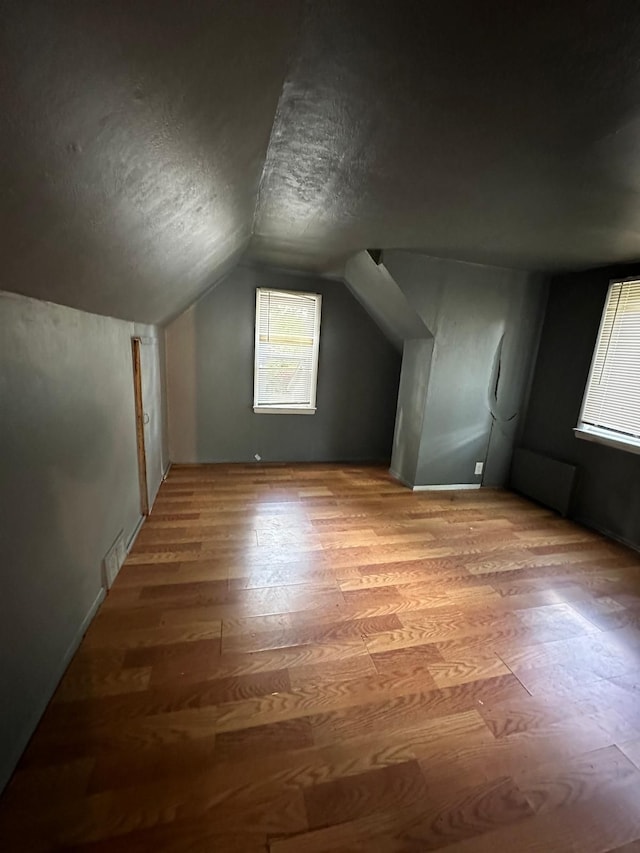 additional living space featuring a textured ceiling, light hardwood / wood-style flooring, and lofted ceiling