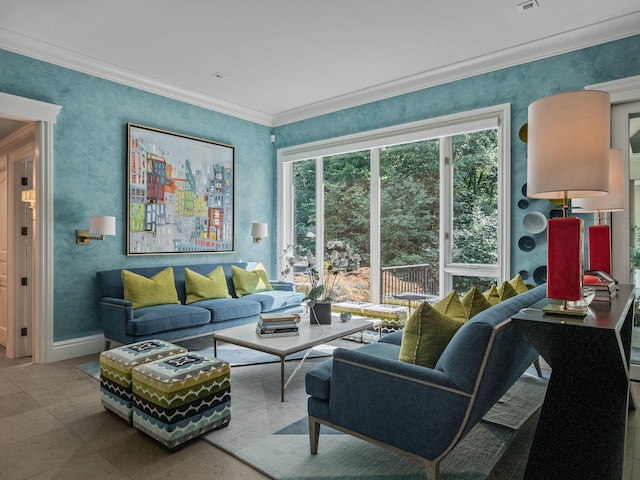 living room with ornamental molding