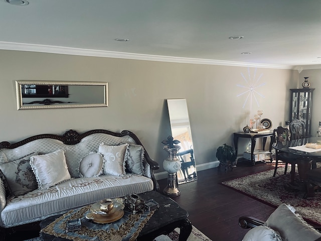 living room featuring ornamental molding and hardwood / wood-style flooring