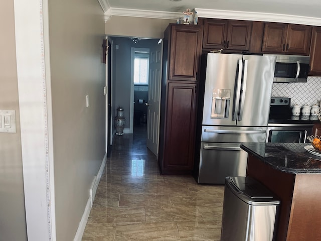 kitchen featuring dark brown cabinetry, backsplash, crown molding, and appliances with stainless steel finishes