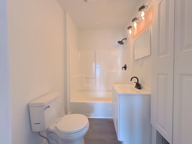 full bathroom with toilet, tub / shower combination, and vanity