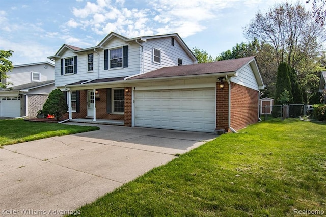 front facade with a front yard, a garage, and a porch