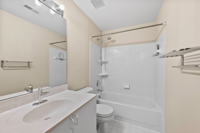 full bathroom featuring bathing tub / shower combination, toilet, tile patterned flooring, and vanity