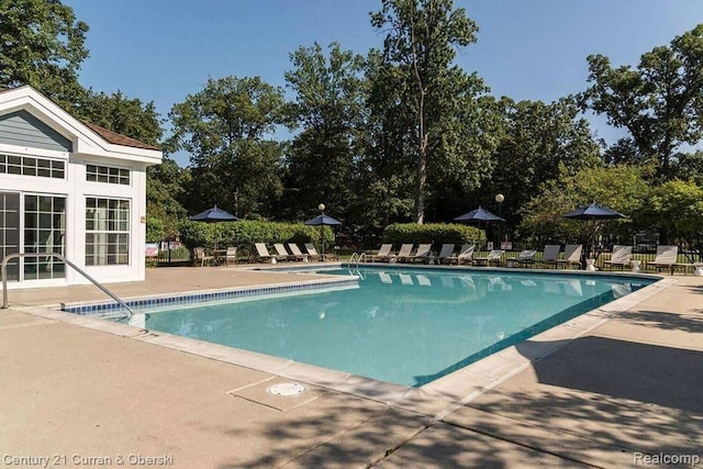 view of swimming pool featuring a patio area