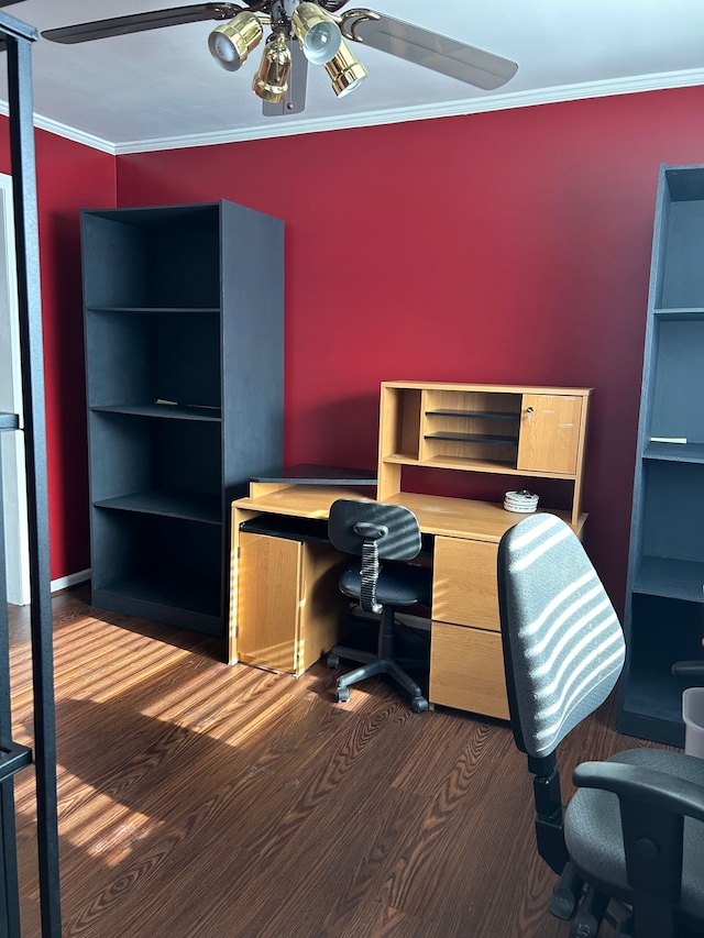 office space with crown molding, dark hardwood / wood-style flooring, and ceiling fan