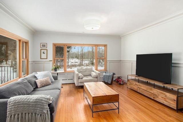 living room featuring light hardwood / wood-style floors, crown molding, and a baseboard heating unit