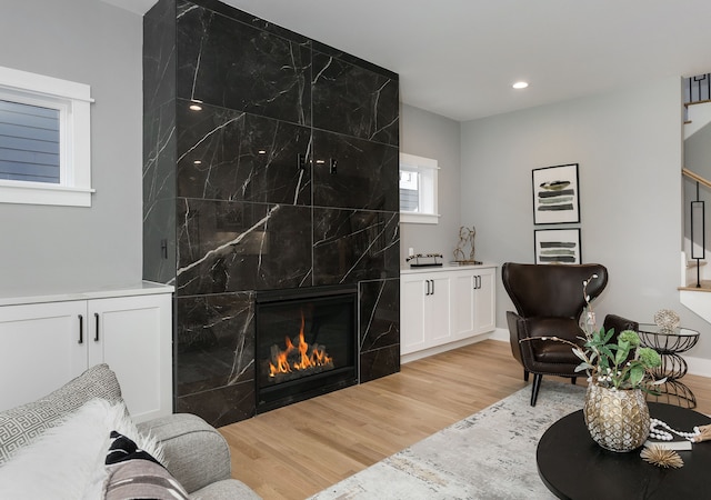 living room featuring a fireplace and light wood-type flooring