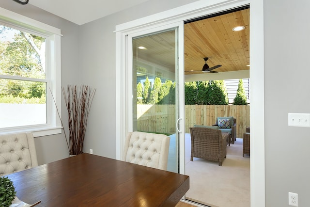 dining room featuring ceiling fan and a wealth of natural light