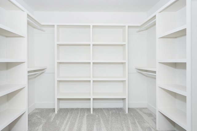 walk in closet featuring light carpet