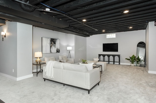 living room featuring light colored carpet