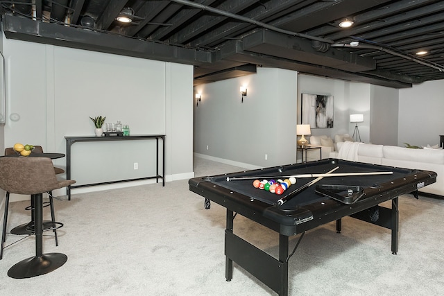 rec room featuring billiards and light carpet