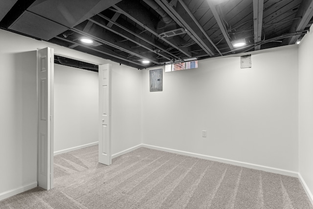 basement with carpet and electric panel