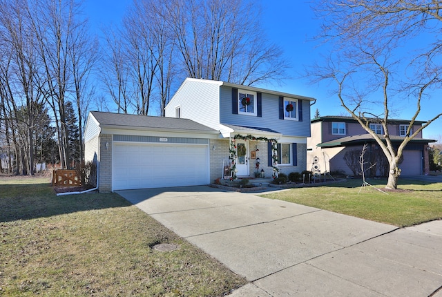 view of front facade with a front lawn and a garage