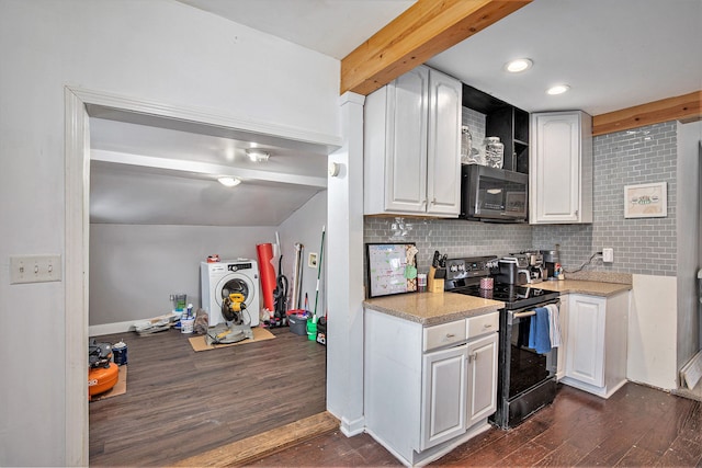 kitchen featuring dark wood-type flooring, electric range, white cabinets, and beam ceiling