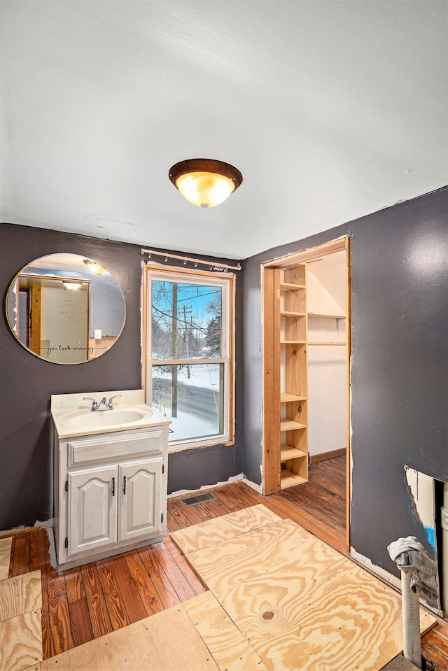 bathroom featuring wood-type flooring and vanity