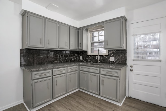 21746-48 Moross Rd, Grosse Pointe, MI 48236 - kitchen with gray cabinets, a sink, decorative backsplash, and dark wood finished floors