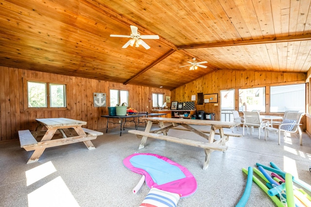 game room featuring a healthy amount of sunlight, ceiling fan, wooden ceiling, and lofted ceiling with beams