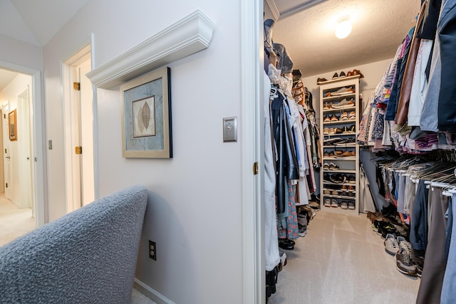 walk in closet with lofted ceiling and light colored carpet